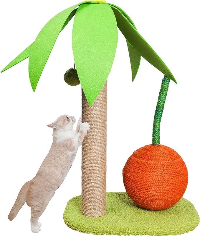 Cat palm tree sisal scratching post with orange.