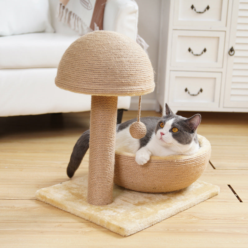 Cat mushroom sisal scratching post with bed.