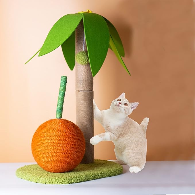 Cat palm tree sisal scratching post with orange.